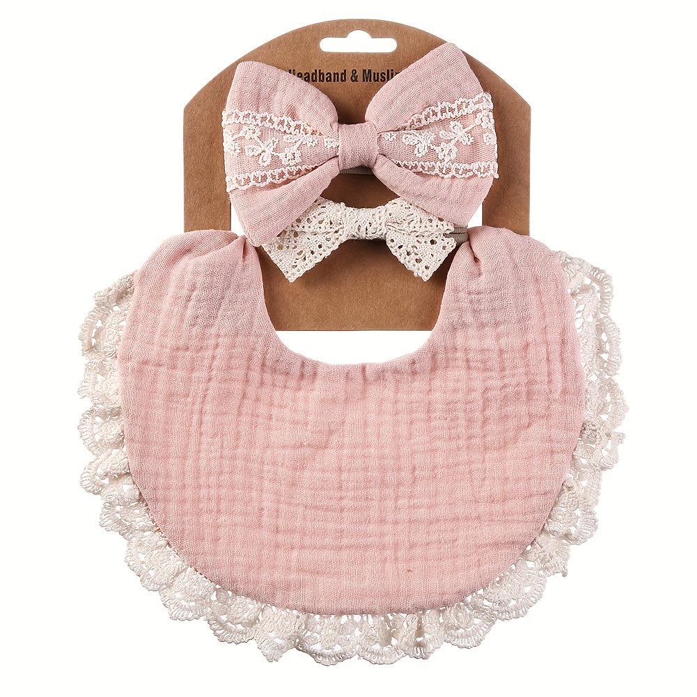 Two Headbands + One Bib Set, New Baby Bib, Kids Lace Bow Headband, Baby Crepe Stain Resistant Bib Set