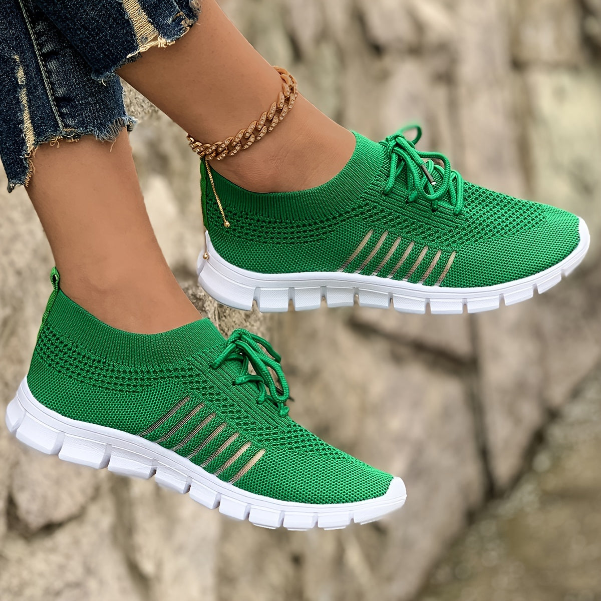 Women's Lightweight Knit Sneakers, Breathable Low-Top Lace-Up Casual Running Footwear, Fabric Upper and PU Cover Sole, Vibrant Color Sneakers, Versatile Running Shoes
