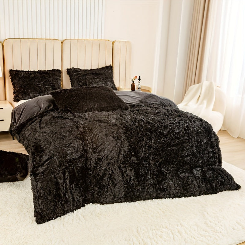 [Plush Duvet Cover Set] 3pcs Multicolor Plush Duvet Cover Set - Soft And Warm Bedding For Bedroom, Guest Room, And Dorm Decor