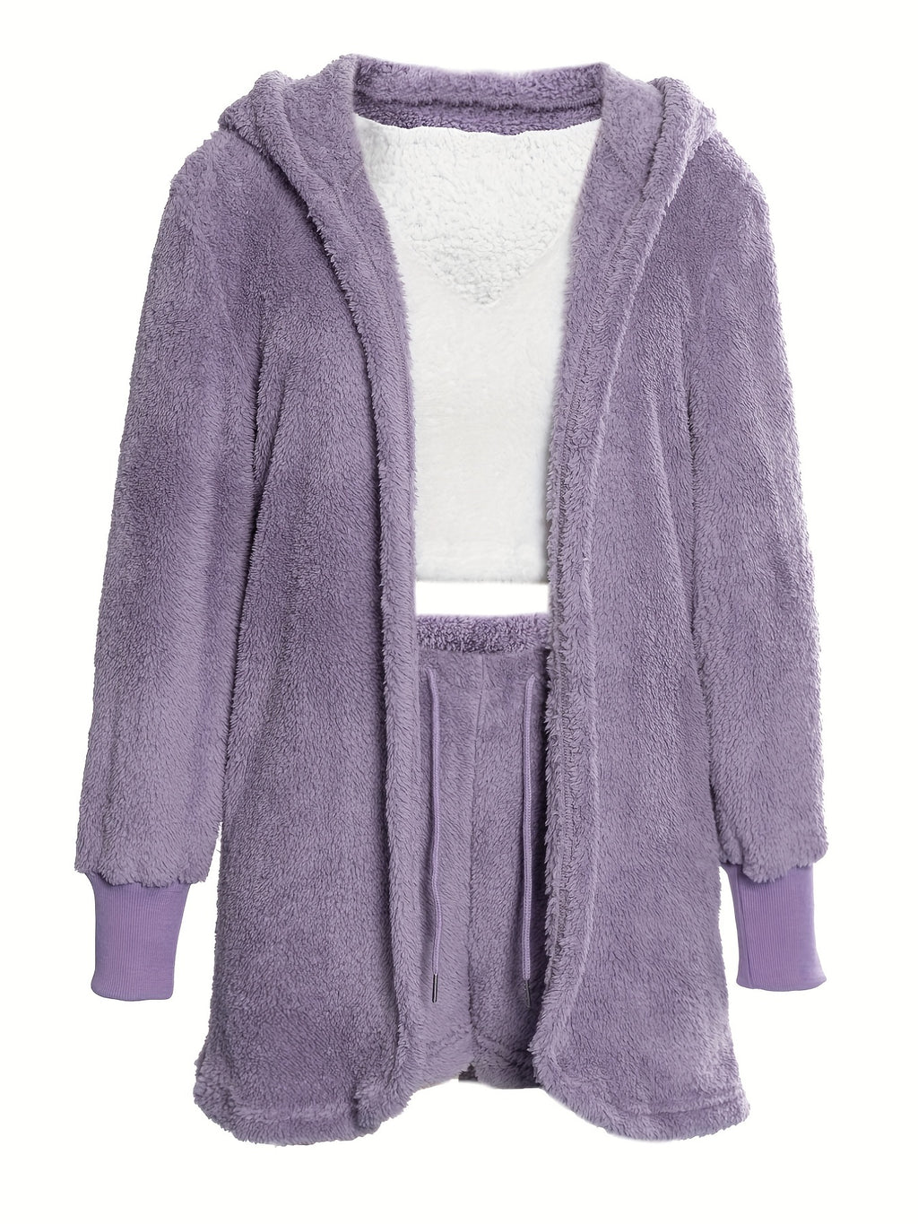 Warm Fuzzy Pajama Set, Long Sleeve Hooded Robe & Tank Top & Drawstring Shorts, Women's Sleepwear & Loungewear