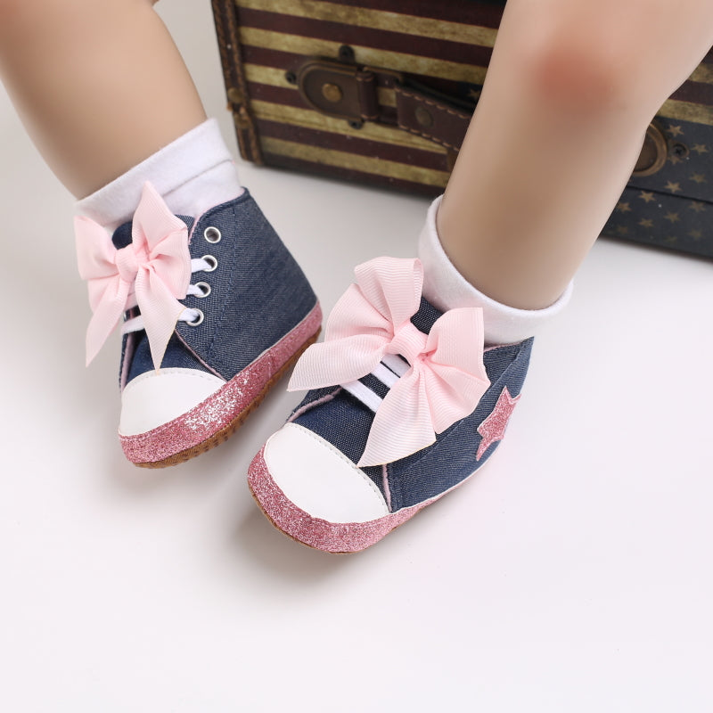 Infant Baby Gils Canvas Shoes, Soft-soled Non-slip High Top First Walker Shoes With Bow Decor