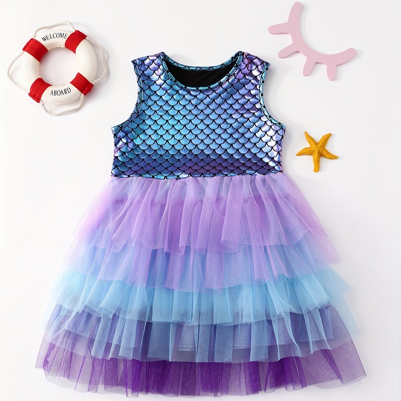 Mermaid Gradient Dress Girls' Casual Summer Short Sleeve Party Puff Skirt Versatile Dress