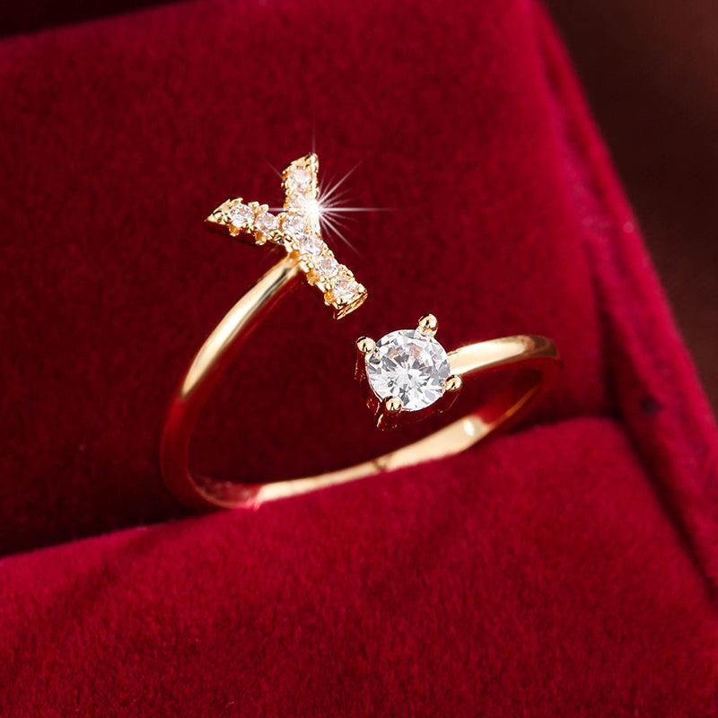 Adjustable Copper Ring With Four-claw Round Zirconia, Featuring The 26 English Letters Of Fashion Trend.