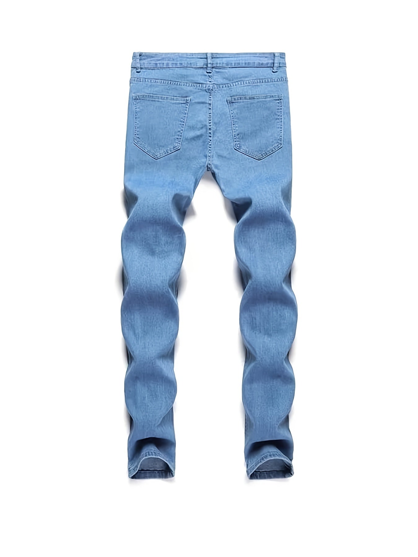 Slim Fit Distressed Cotton Jeans, Men's Casual Street Style Solid Color Washed Mid Stretch Denim Pants For Spring Summer