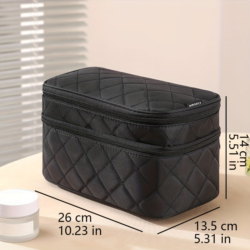 [Fashionable Makeup Bag] Double Layer Makeup Bag | Fashionable Nylon Quilted Pattern, Multi-functional Large Capacity Travel Storage Toiletry Bag