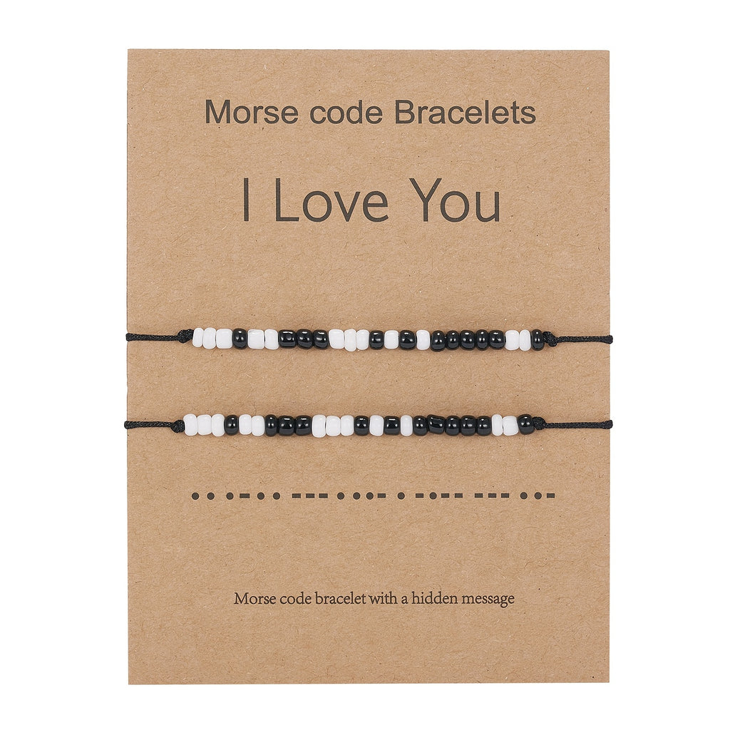 I Love You 2pcs/set Morse Code Black And White Rice Beads Woven Adjustable Couple Bracelets