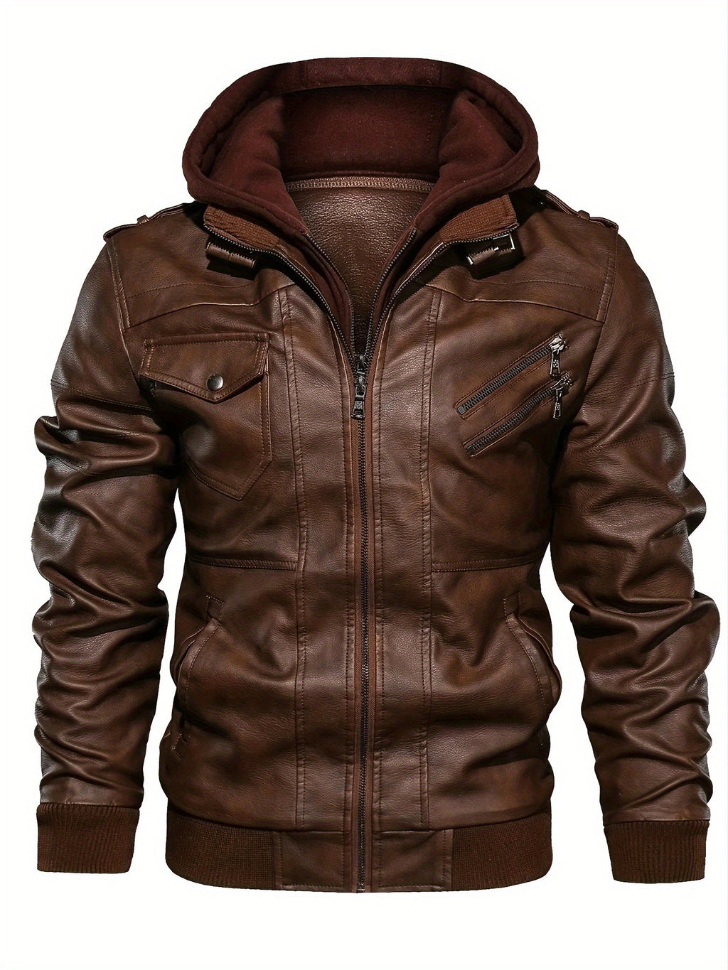 Men's PU Leather Hooded Pockets Zipper Long Sleeves Jackets
