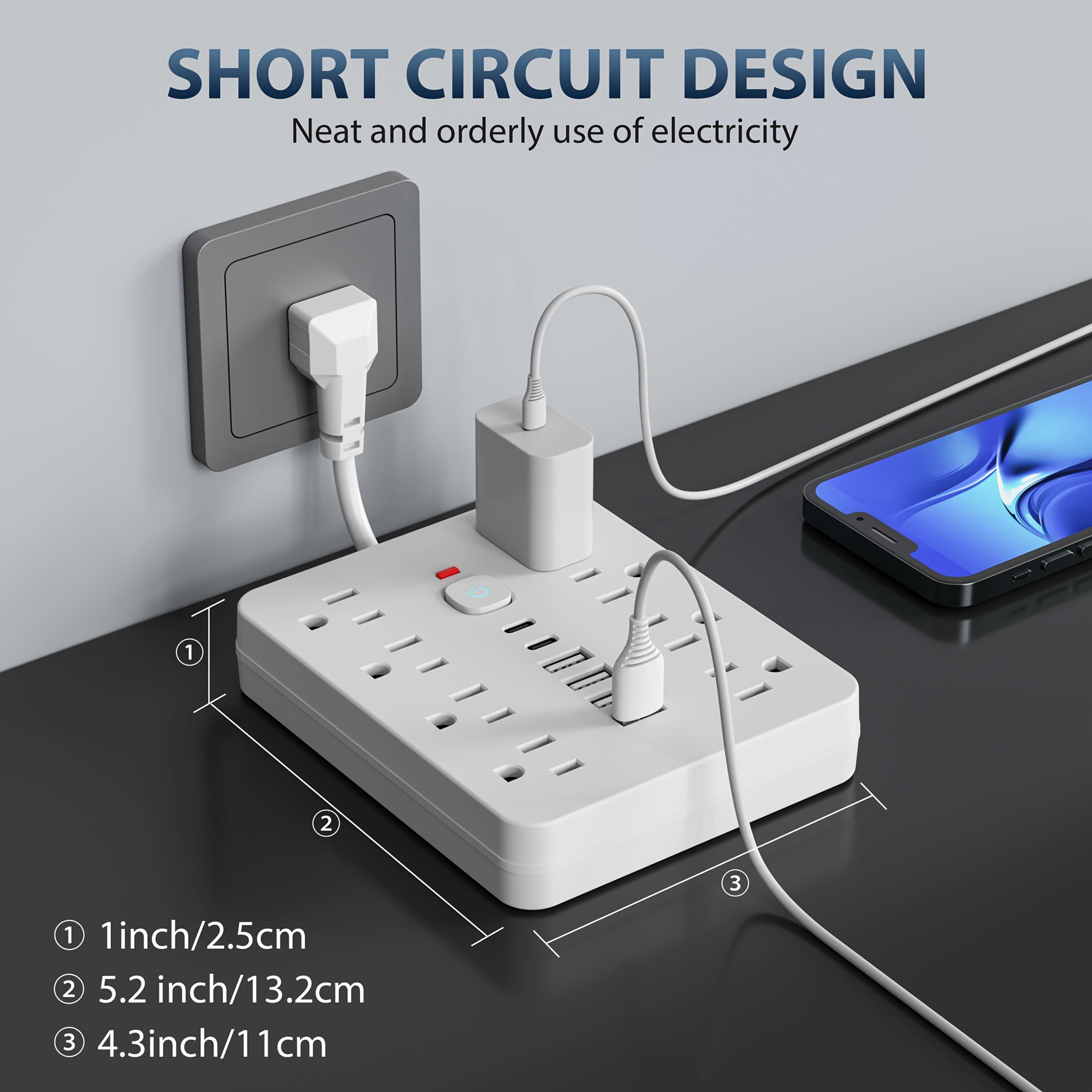 14-in-1 Heavy-Duty Power Strip Surge Protector with 8 AC Outlets, 4 USB-A & 2 USB-C Ports, Smart Switches (On/Off) & Indicator, Compact Flat Plug Extension Cord for Home, Office, Kitchen - Overload, Plug