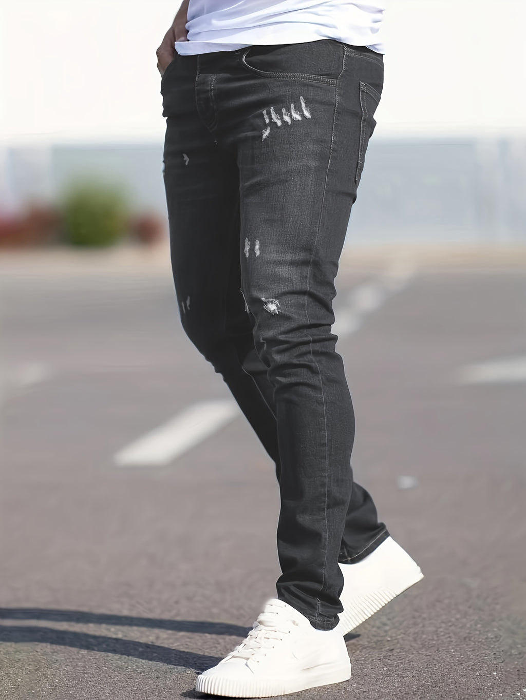 Slim Fit Ripped Jeans, Men's Casual Street Style Distressed Medium Stretch Denim Pants