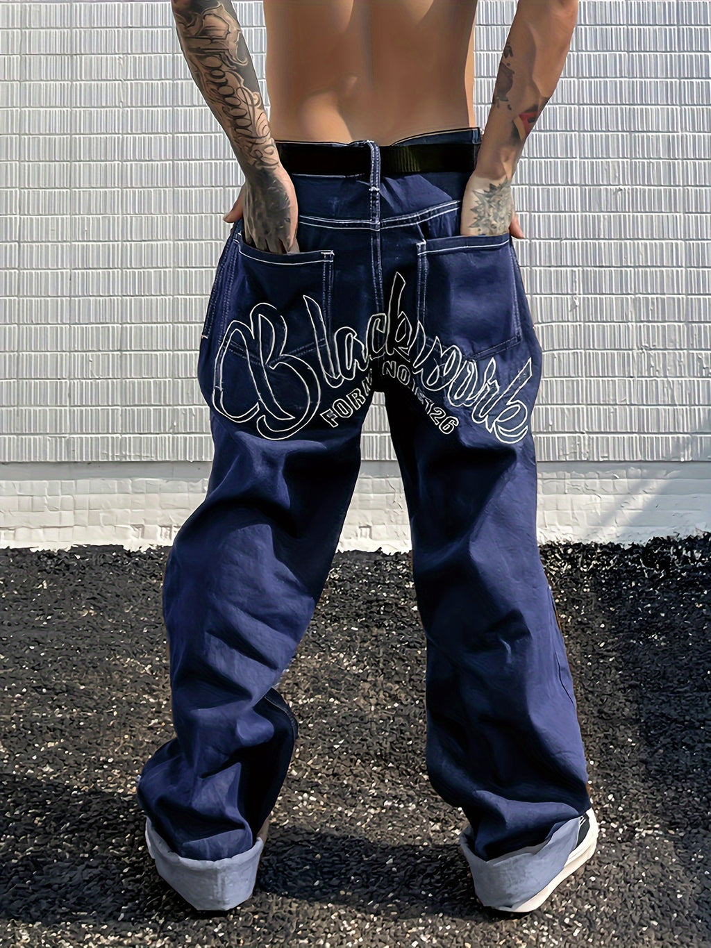 Y2k Letter Print Wide Leg Loose Fit Jeans, Men's Casual Slightly Stretch Street Style Multi Pocket Baggy Denim Pants For Spring Summer