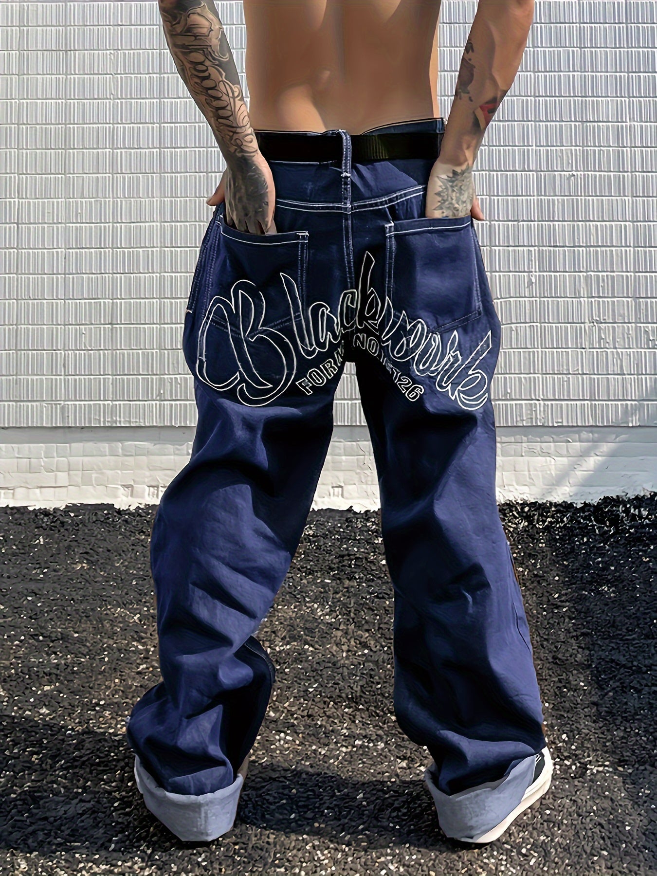 Y2k Letter Print Wide Leg Loose Fit Jeans, Men's Casual Slightly Stretch Street Style Multi Pocket Baggy Denim Pants For Spring Summer