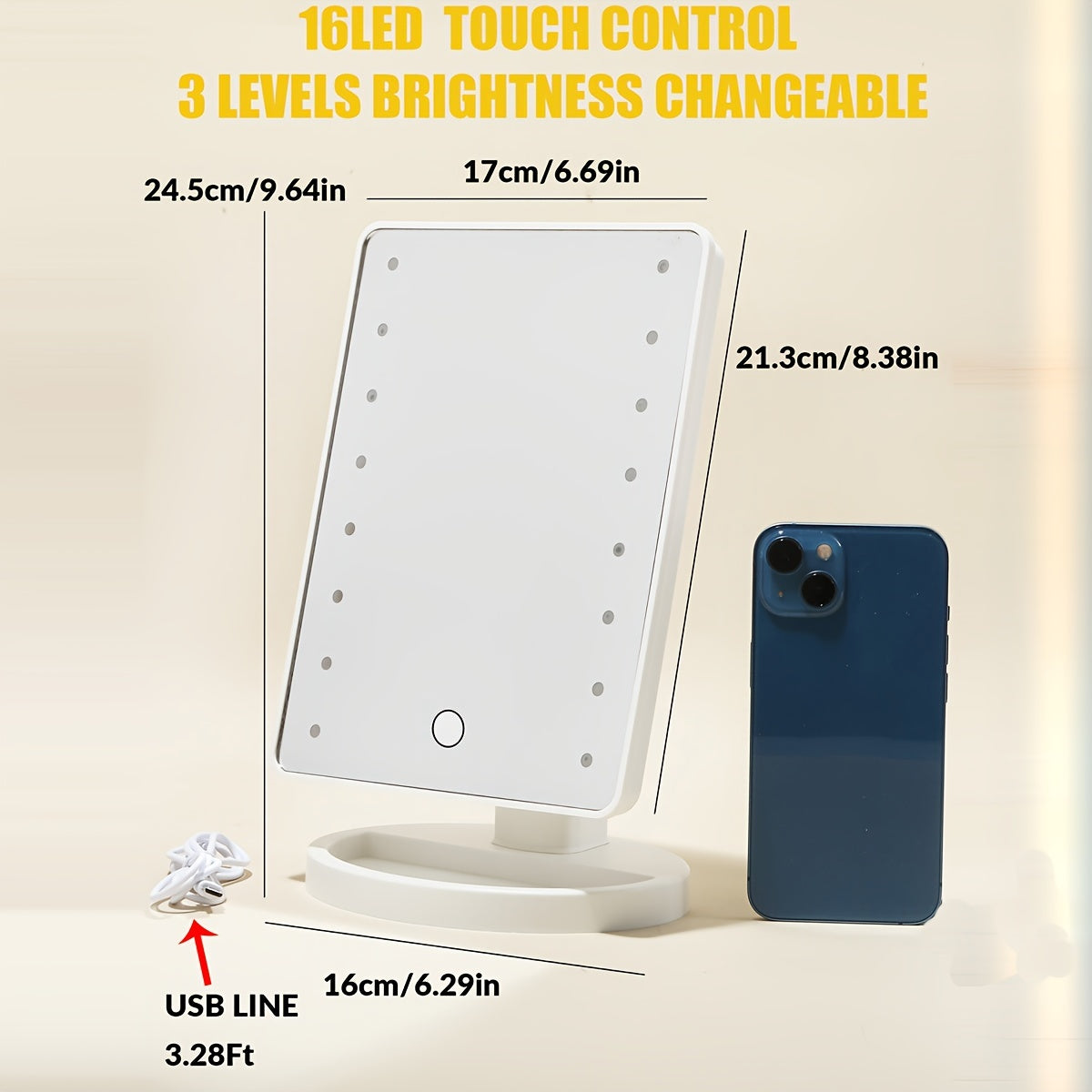 1PC Rotating Touch Screen Makeup Mirror with 16LED Lights - 3-Speed Adjustable Brightness, USB/Battery Dual Power, Portable Vanity Mirror for Bedroom, Dormitory, and Travel