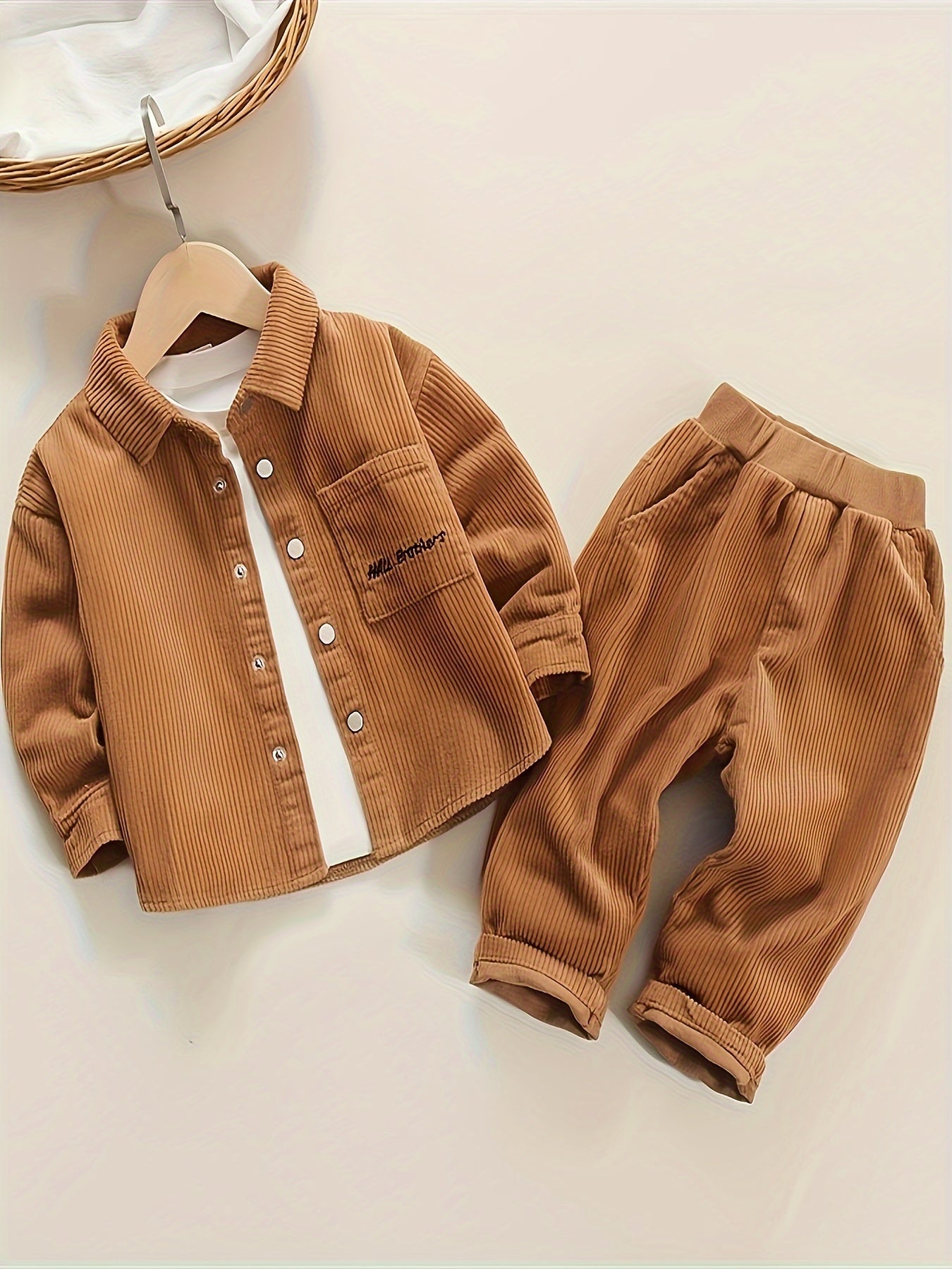 Spring And Autumn Boys Simple And Fashionable Solid Color Corduroy Two Piece Set, for Outdoor