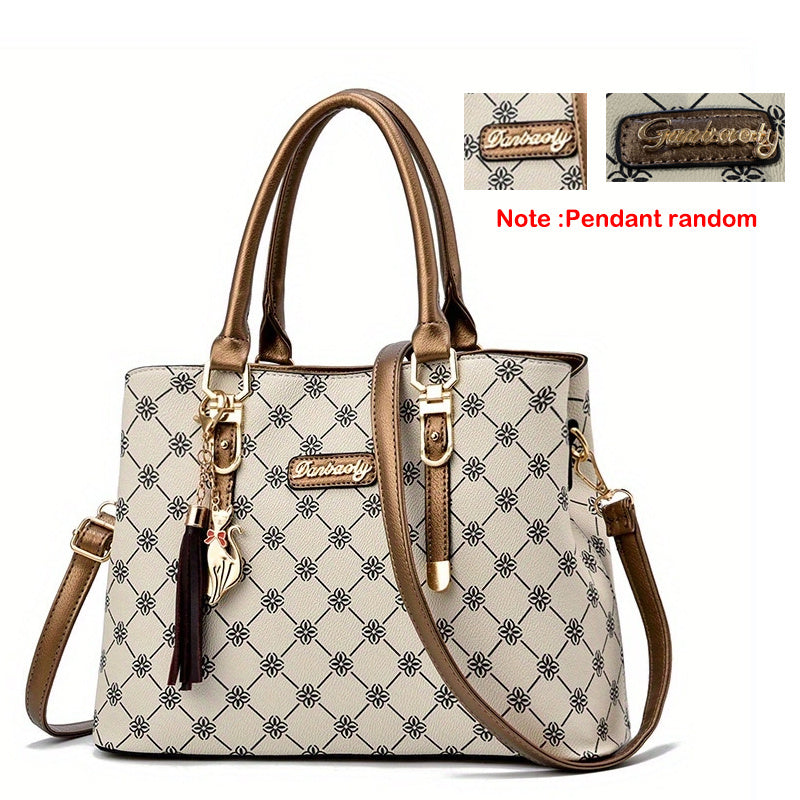 FKTSR Women's Elegant Floral Print Synthetic Leather Shoulder Bag with Detachable Strap & Tassel Accents - Summer Beach Tote, Casual Designer Handbag with Zipper Closure, Polyester Lining (Antique Bronze/Coffee/White/Black),