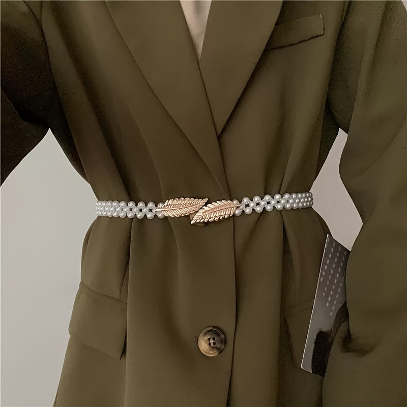 Faux Pearl Belt Women's Metal Leaf Elastic Pearl Waist Chain Women's Decoration For Dress Elastic Belt
