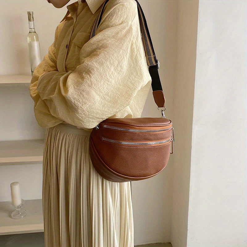 Black Synthetic Leather Crossbody Bag with Adjustable Striped Strap - Large Capacity Shoulder Messenger Bag for Women, Zipper Closure, Polyester Lining, Versatile Solid Color Design