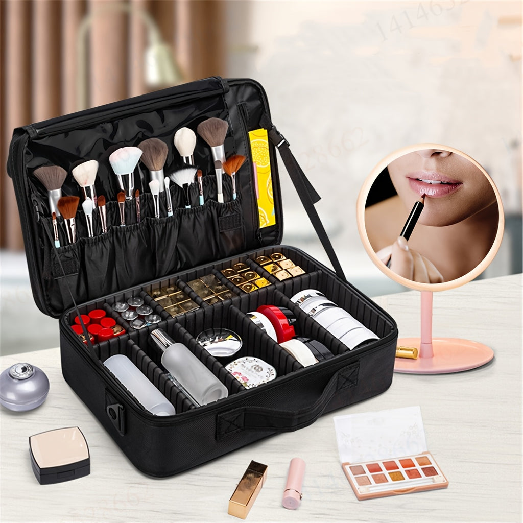 1pc Large Capacity Waterproof Cosmetic Organizer Case with Adjustable Compartments, Durable Detachable Makeup Brushes & Mirror Holder, Multiple Pockets for Travel, Professionals & Daily Use