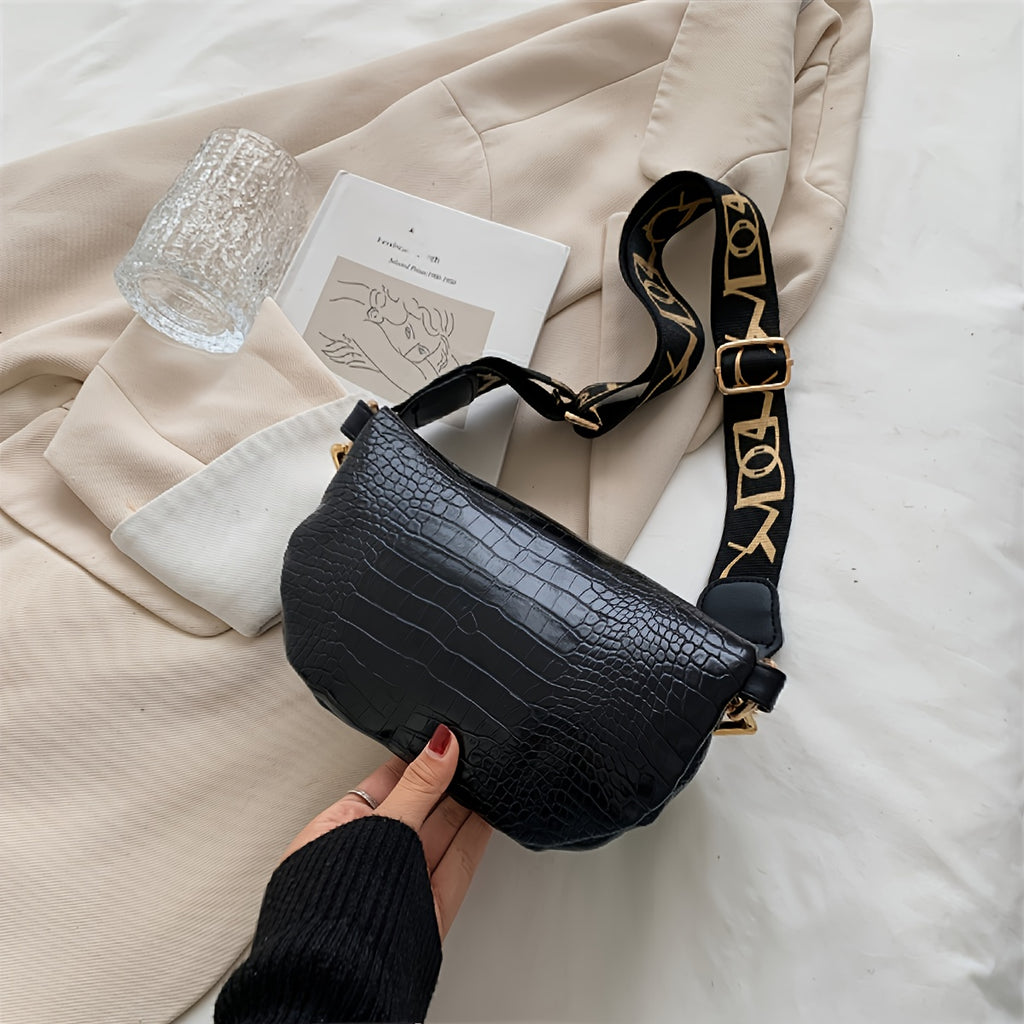 Crocodile Embossed Waist Bag Chain Decor Zipper Fanny Pack, Cool Faux Synthetic Leather Chest Bag for Women