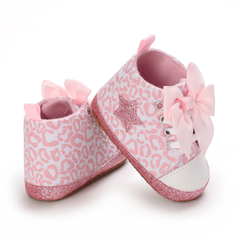 Infant Baby Gils Canvas Shoes, Soft-soled Non-slip High Top First Walker Shoes With Bow Decor