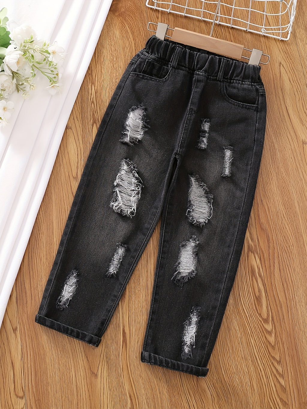 Girls Ripped Tapered Jeans, Cartoon Pattern Elastic Waistband Denim Jeans Kids Clothes