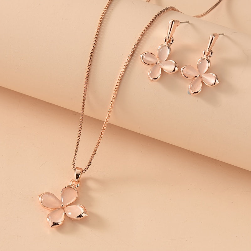 Delicate Pink Four Leaf Clover Opal Pendant Necklace & Earrings Jewelry Set Lucky Accessories Gift For Birthday Party St. Patrick's Day Holiday Ornament