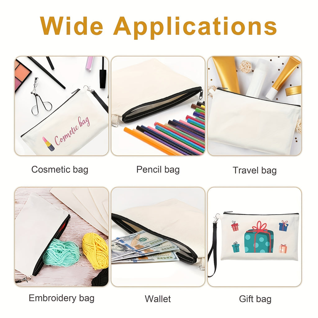 10pcs Cosmetic Bags Sublimation Blank Heat Transfer Makeup Bags With Wristband Lanyards For DIY Craft Travel Canvas Zipper Pencil Bags (8.3 X 5.1 Inch/21.08 X 12.95 Cm)