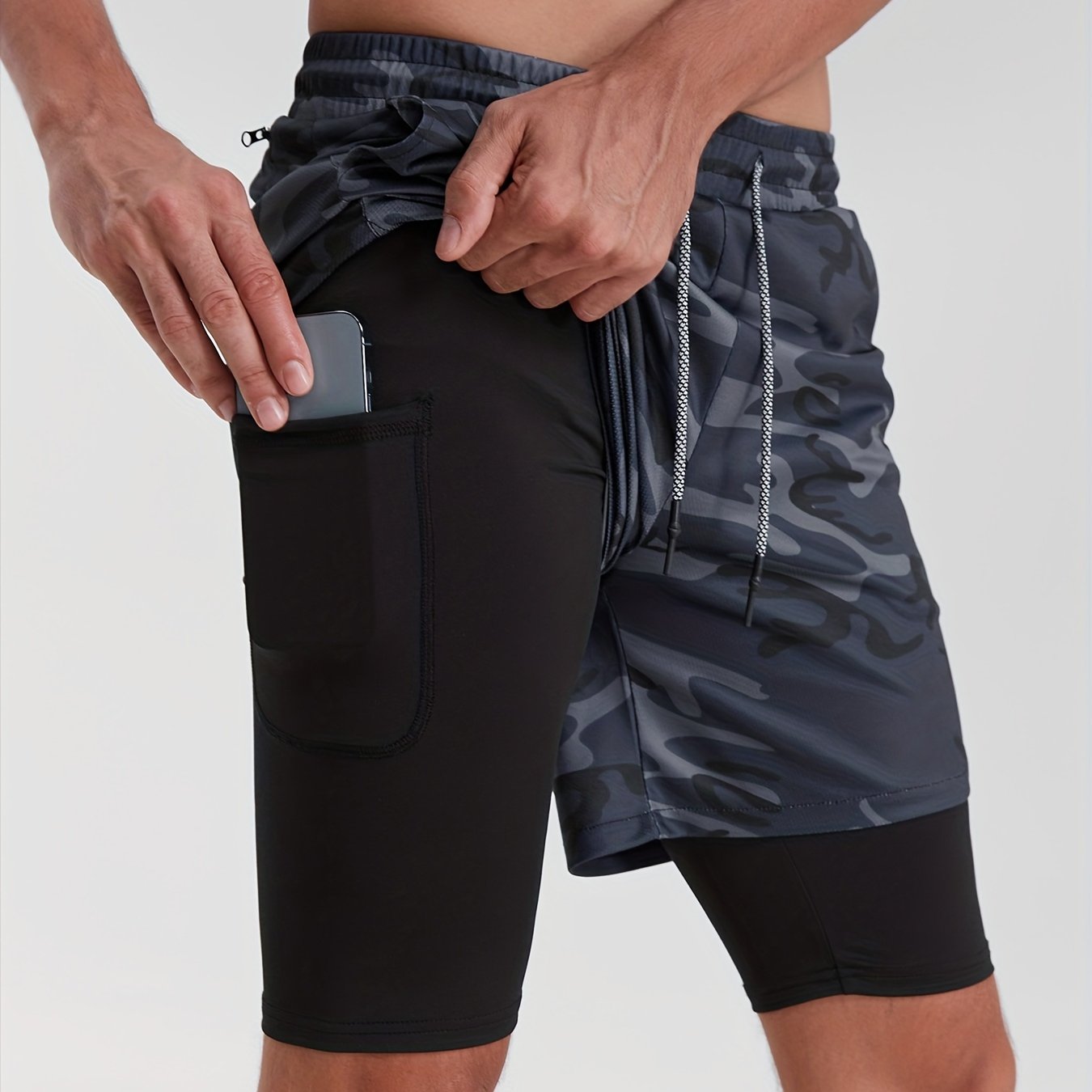 Men's 2 In 1 Workout Running Shorts, Quick Dry Athletic Gym Training Multicolor Shorts With Phone Pockets