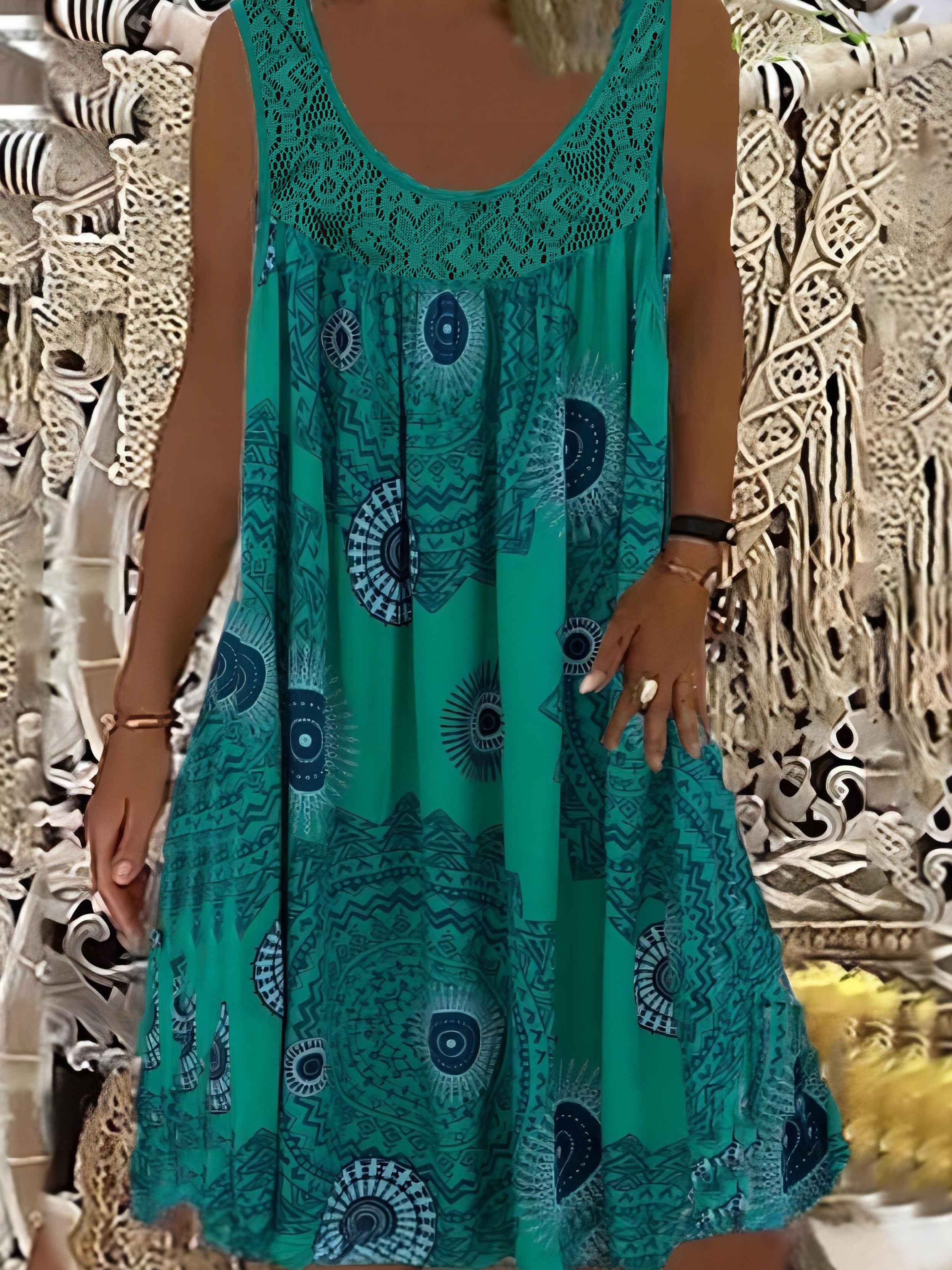 Women's Elegant Sleeveless A-Line Dress with Contrast Lace Hem & Geometric Print - Knee-Length Flared Skirt, Round Neck, Machine Washable, Plus Size Friendly for Casual & Semi-Formal Occasions, Lace Detailing, Comfortable Fit