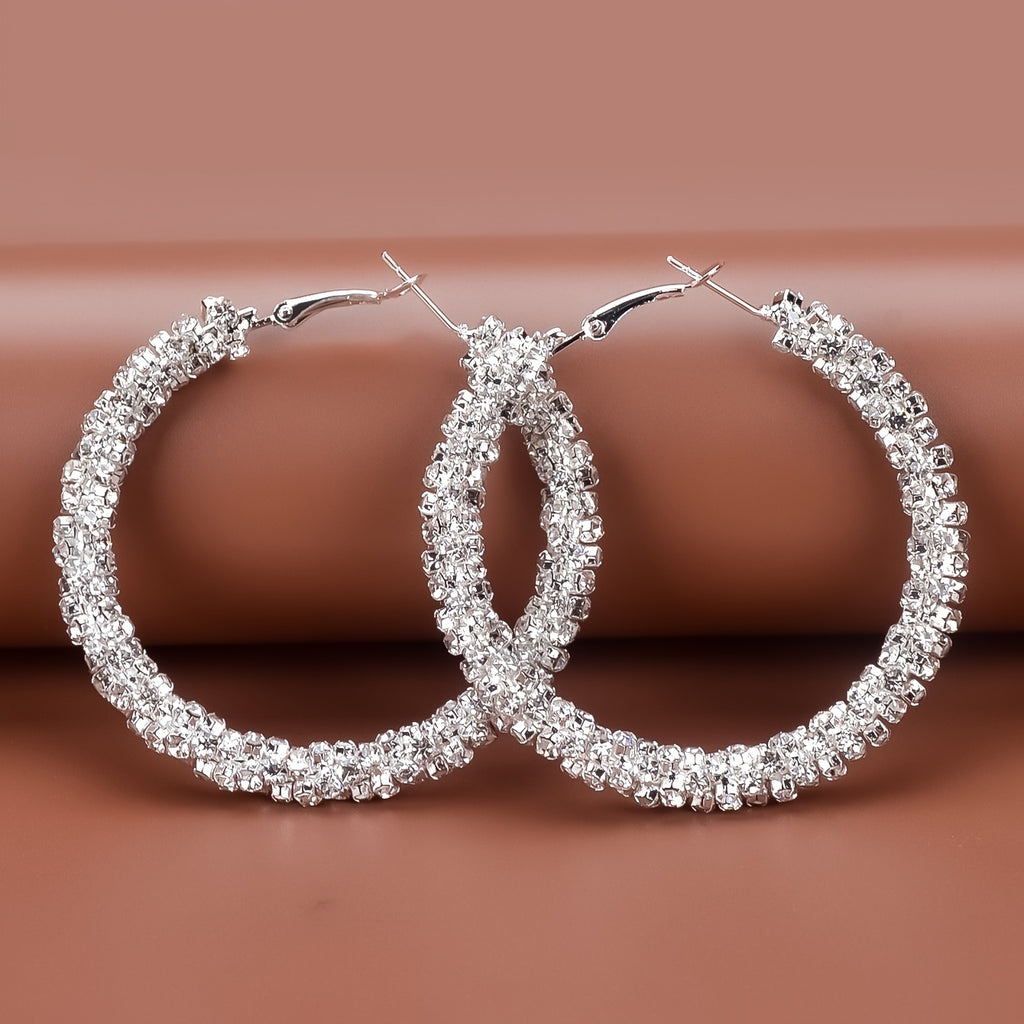 Large Full Rhinestone Hoop Earrings Silver Plated Delicate Jewelry Party Holiday Gift For Women