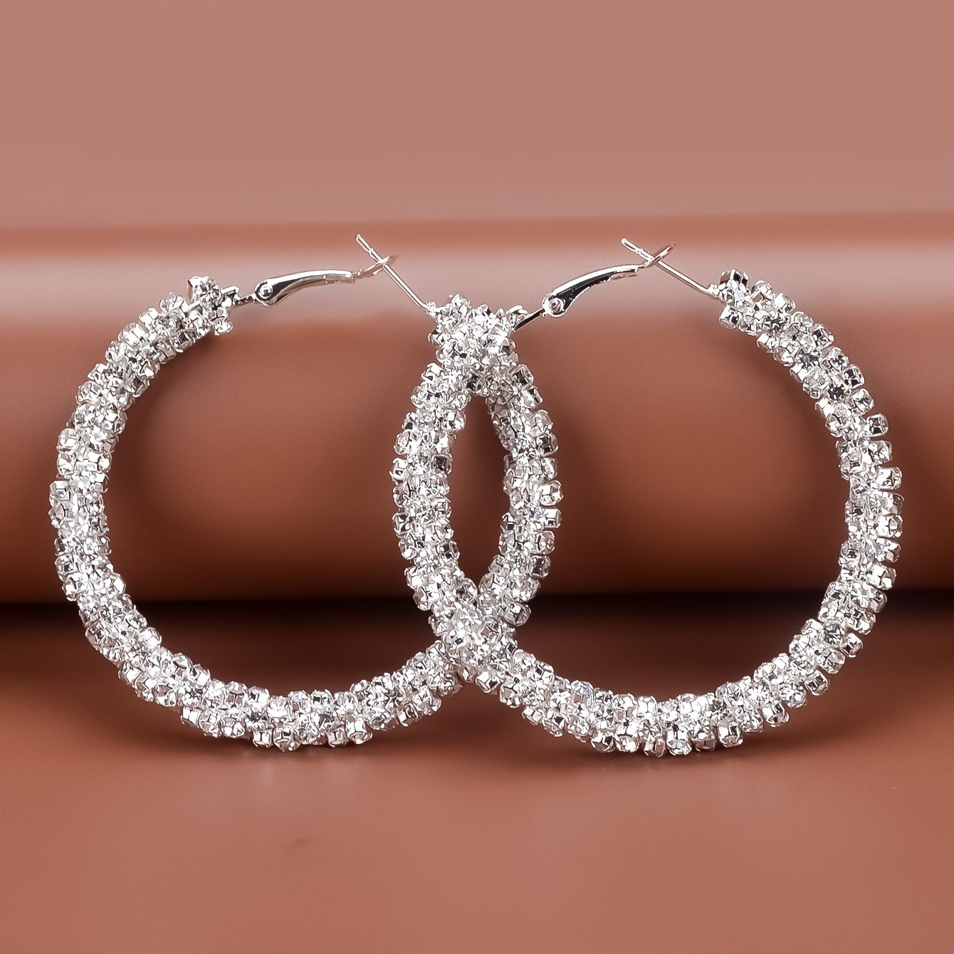 Large Full Rhinestone Hoop Earrings Silver Plated Delicate Jewelry Party Holiday Gift For Women