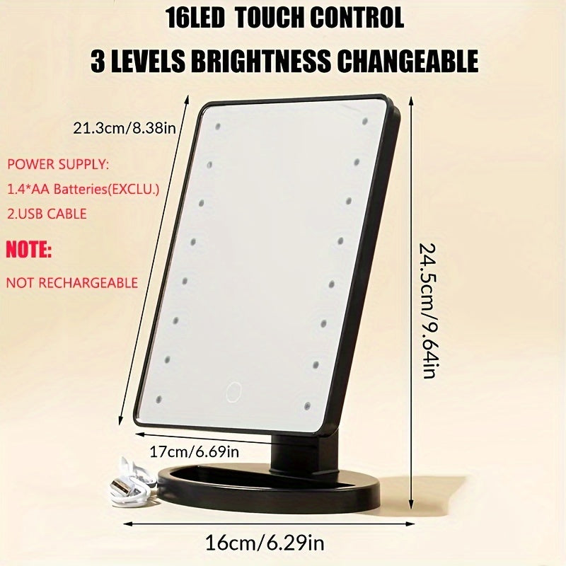 1PC Rotating Touch Screen Makeup Mirror with 16LED Lights - 3-Speed Adjustable Brightness, USB/Battery Dual Power, Portable Vanity Mirror for Bedroom, Dormitory, and Travel