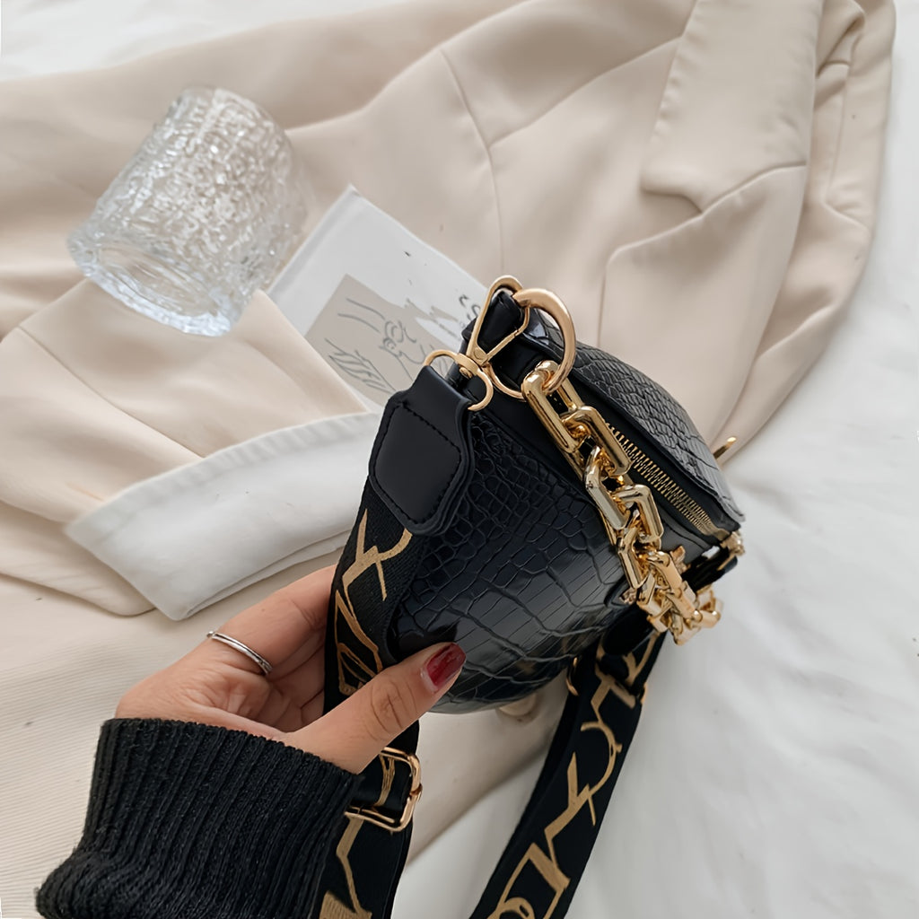 Crocodile Embossed Waist Bag Chain Decor Zipper Fanny Pack, Cool Faux Synthetic Leather Chest Bag for Women