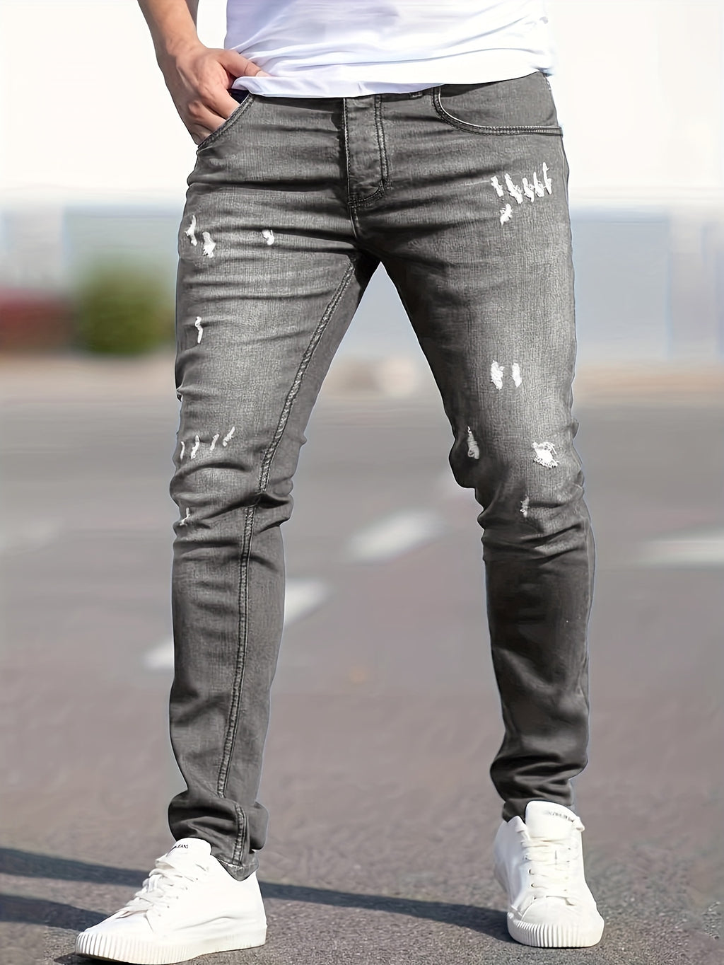 Slim Fit Ripped Jeans, Men's Casual Street Style Distressed Medium Stretch Denim Pants