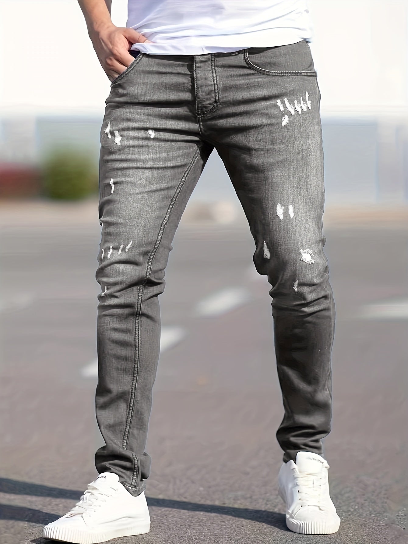 Slim Fit Ripped Jeans, Men's Casual Street Style Distressed Medium Stretch Denim Pants