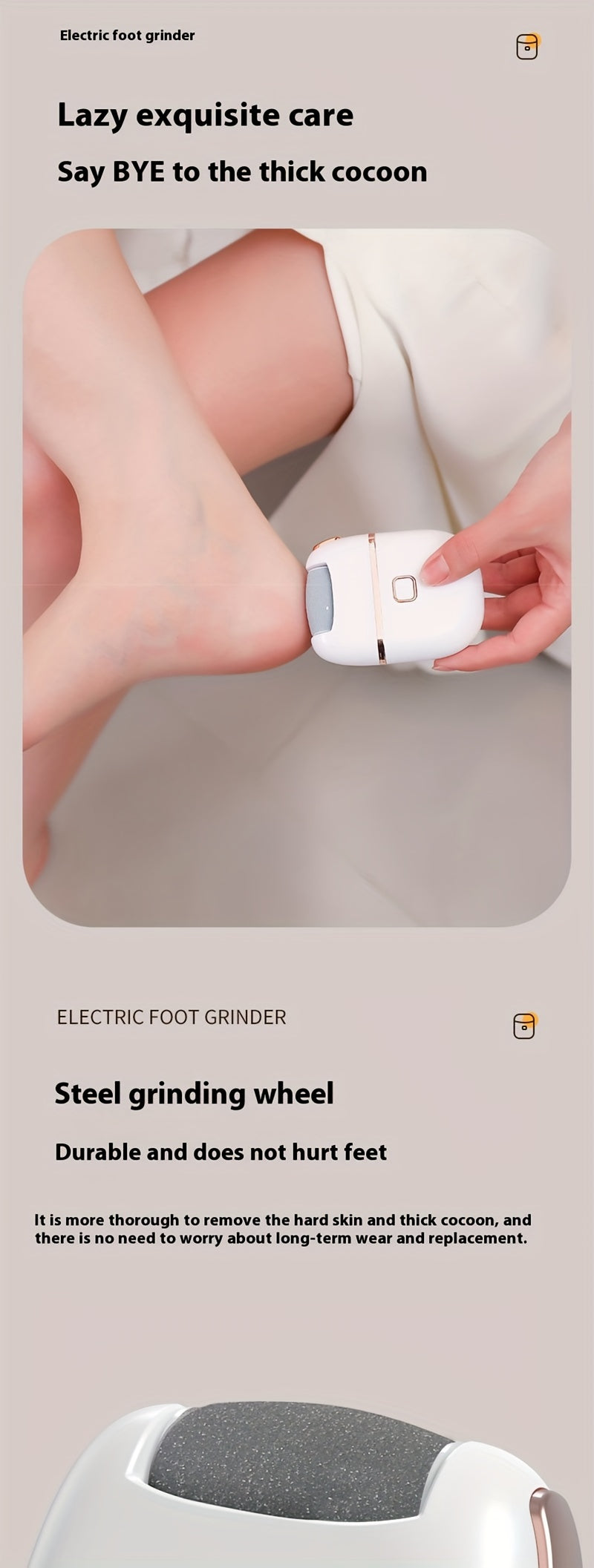 Rechargeable Electric Foot Grinder, Portable and Easy to Use, for Cracked Heels & Callus Removal - Thick Leather Polishing, 2-Speed Settings, Hard Care for Feet & Hands, 3 Replacement Grinding Heads, 1pc, with USB Charging