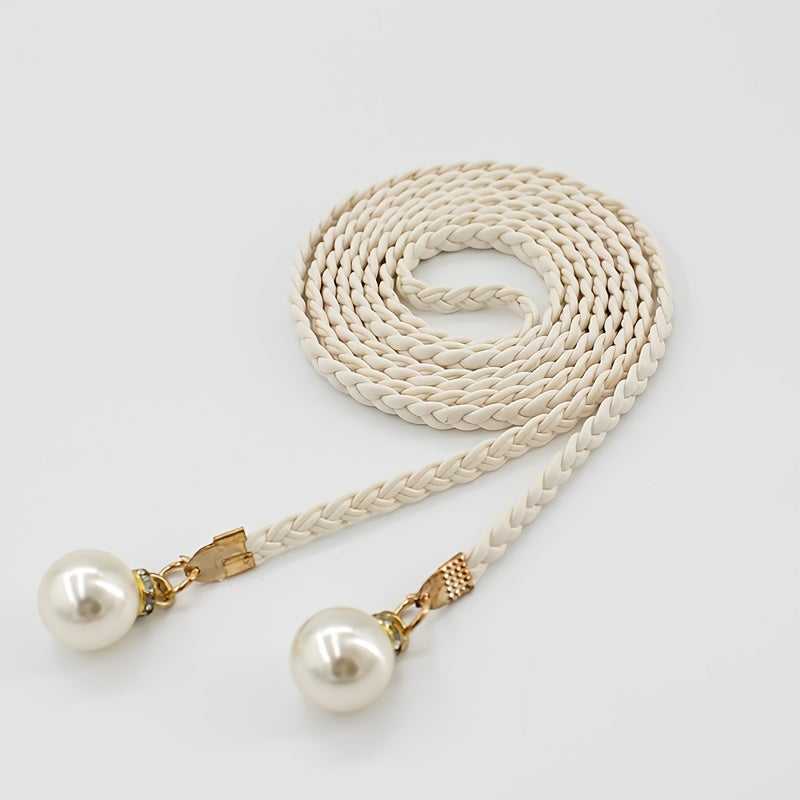 Braided Thin Belt Women's Decor Waist Rope Women's Sweet Dress Tie Waist Chain Skirt With Pearl Waist Accessories