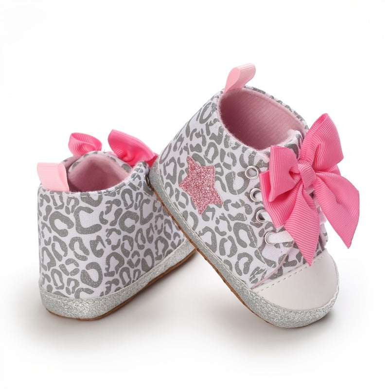 Infant Baby Gils Canvas Shoes, Soft-soled Non-slip High Top First Walker Shoes With Bow Decor