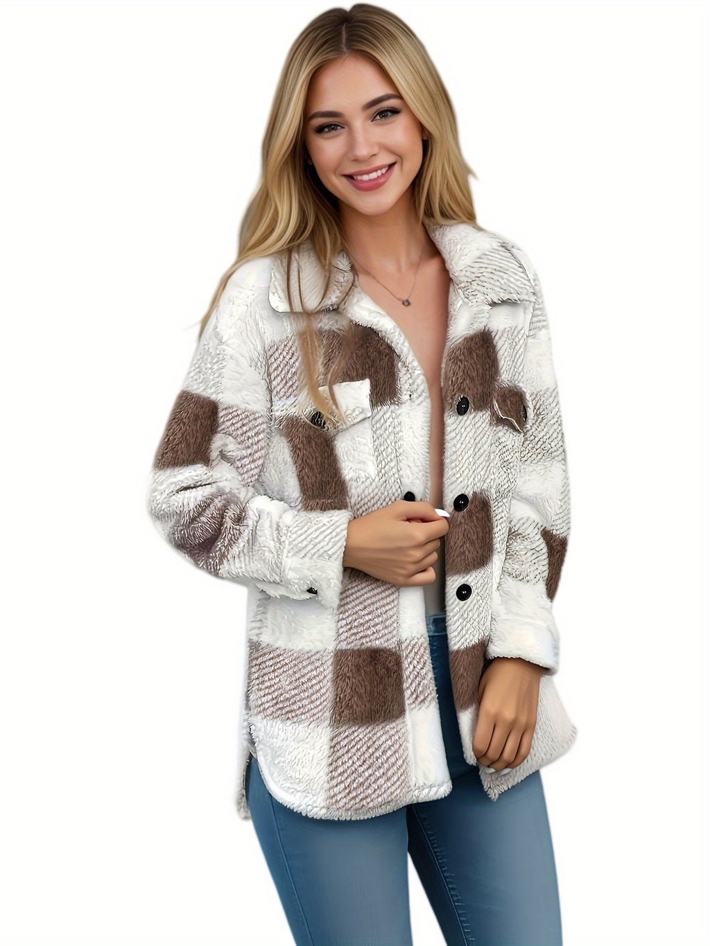 Plaid Pattern Button Front Jacket, Elegant Long Sleeve Warm Outerwear For Fall & Winter, Women's Clothing