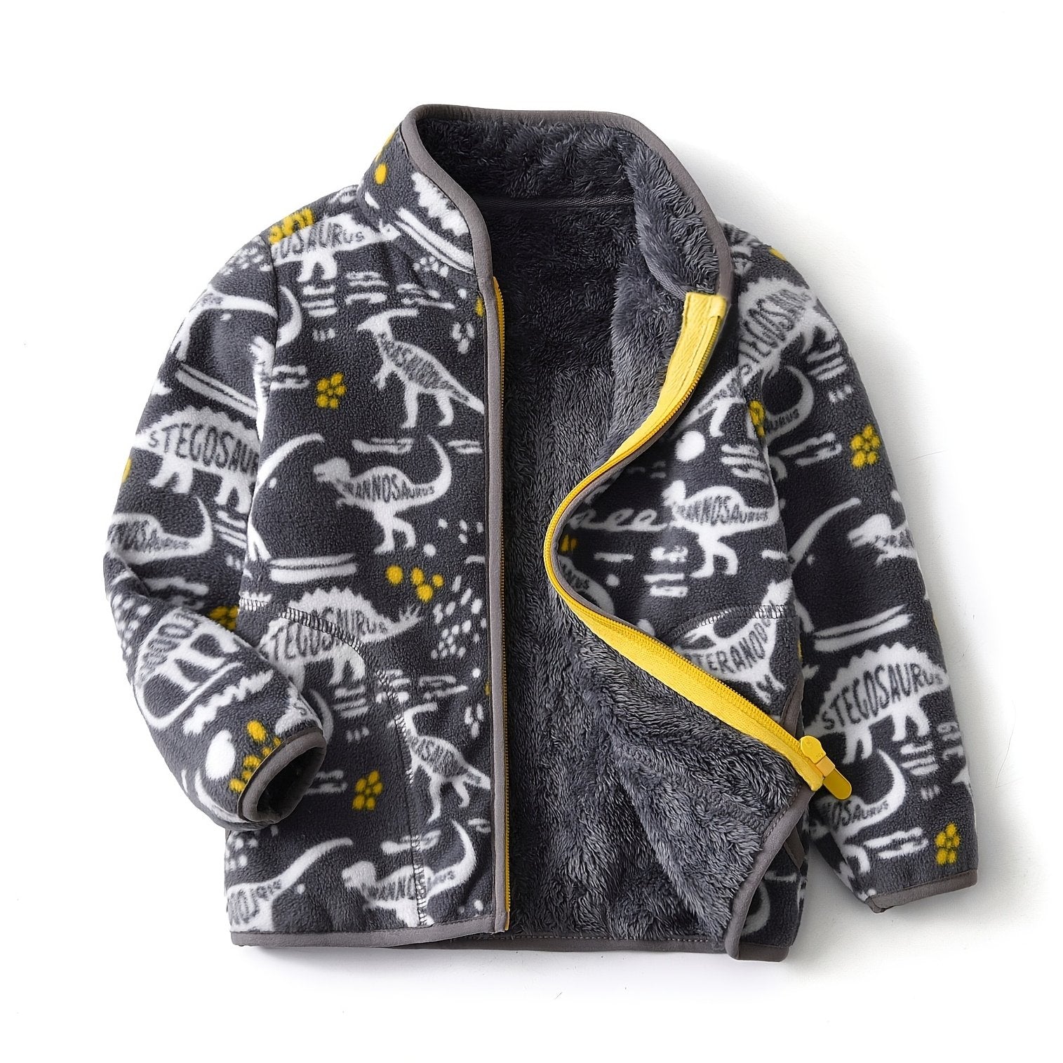 Boys' Cartoon Dinosaur Print Fleece Jacket 2022 Autumn/Winter New Arrival Baby Stand Collar Gray Thickened Plush Coat