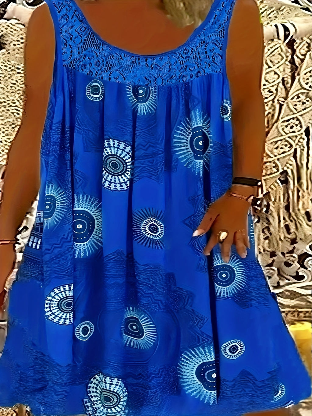 Women's Elegant Sleeveless A-Line Dress with Contrast Lace Hem & Geometric Print - Knee-Length Flared Skirt, Round Neck, Machine Washable, Plus Size Friendly for Casual & Semi-Formal Occasions, Lace Detailing, Comfortable Fit