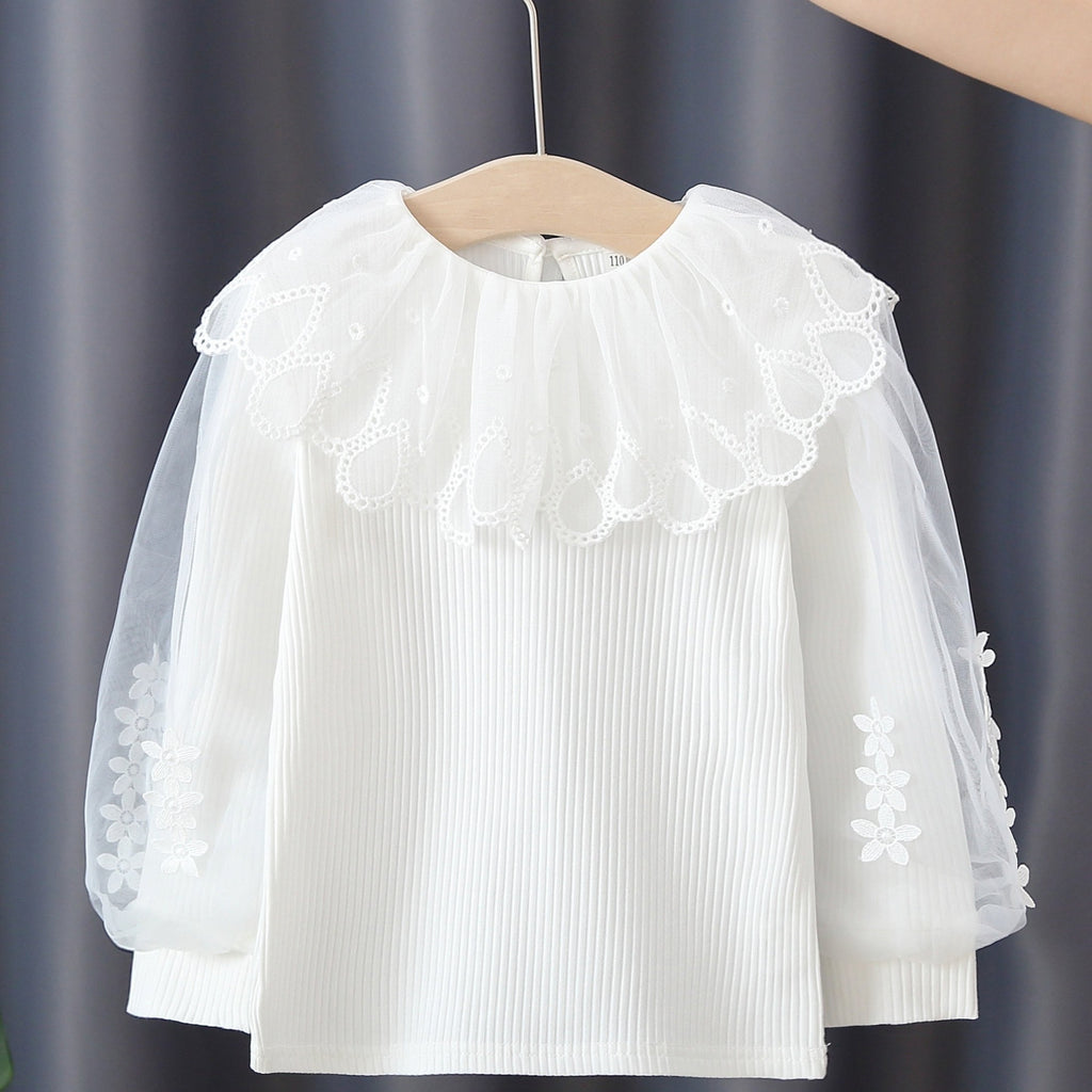 Girls Long Puff Sleeve Flower Lace Splicing Ruffles Round Neck Ribbed T-Shirts Tops Kids Clothes