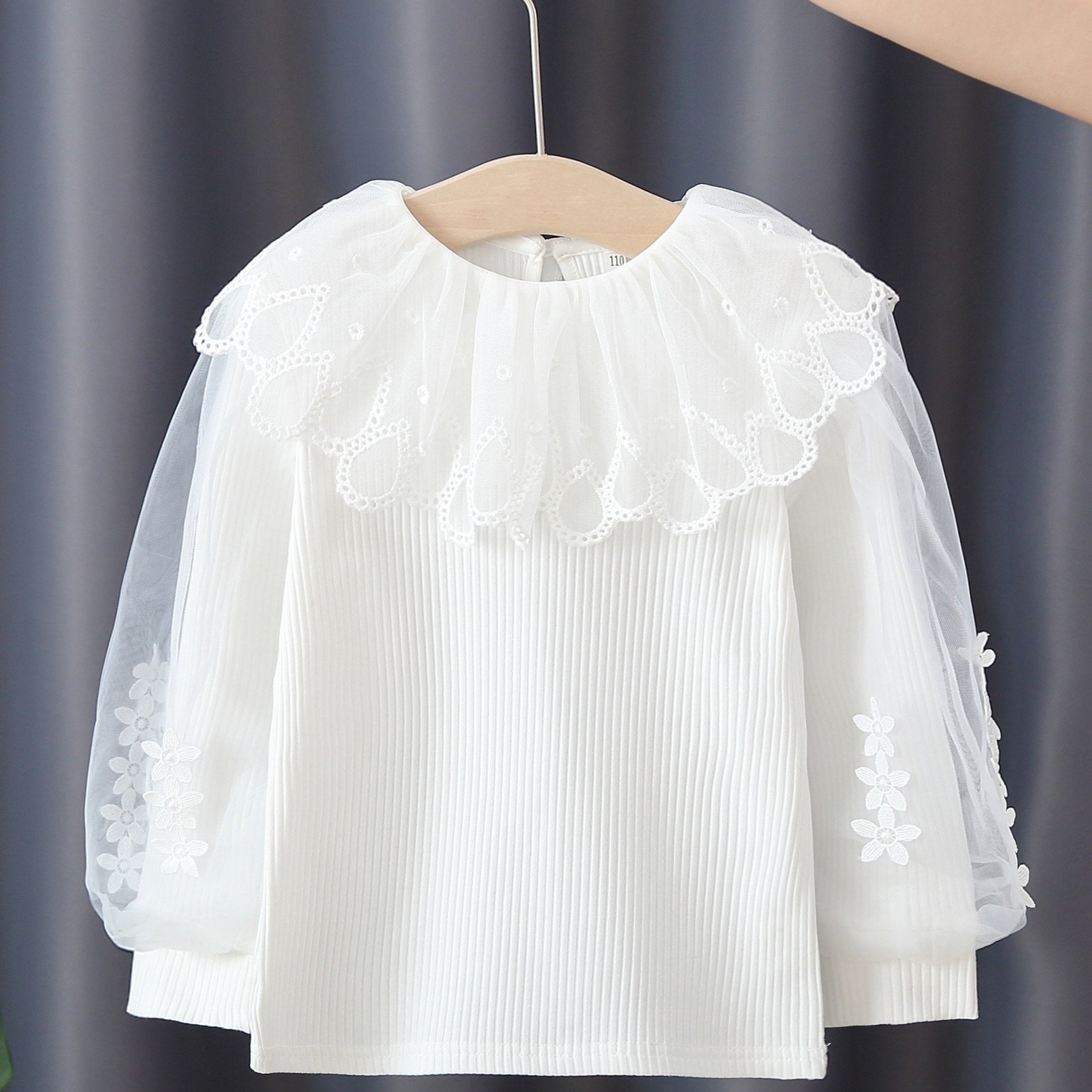 Girls Long Puff Sleeve Flower Lace Splicing Ruffles Round Neck Ribbed T-Shirts Tops Kids Clothes