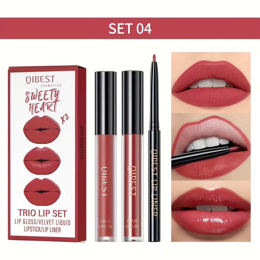 Lip Liner, Lipstick And Lip Gloss Trio Set, Matte Liquid Lipstick + Matching Lip Liner + Lip Gloss Nude Velvety Lipstick Makeup Kit Gift Set, Waterproof Long Lasting, Contains Plant Squalane Formula