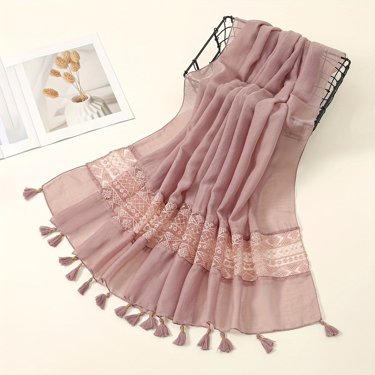[Elegant Scarf] Elegant Embroidery Hollow Lace Tassel Scarf | Fashion Casual Cold Weather Scarves Wraps For Women for eid