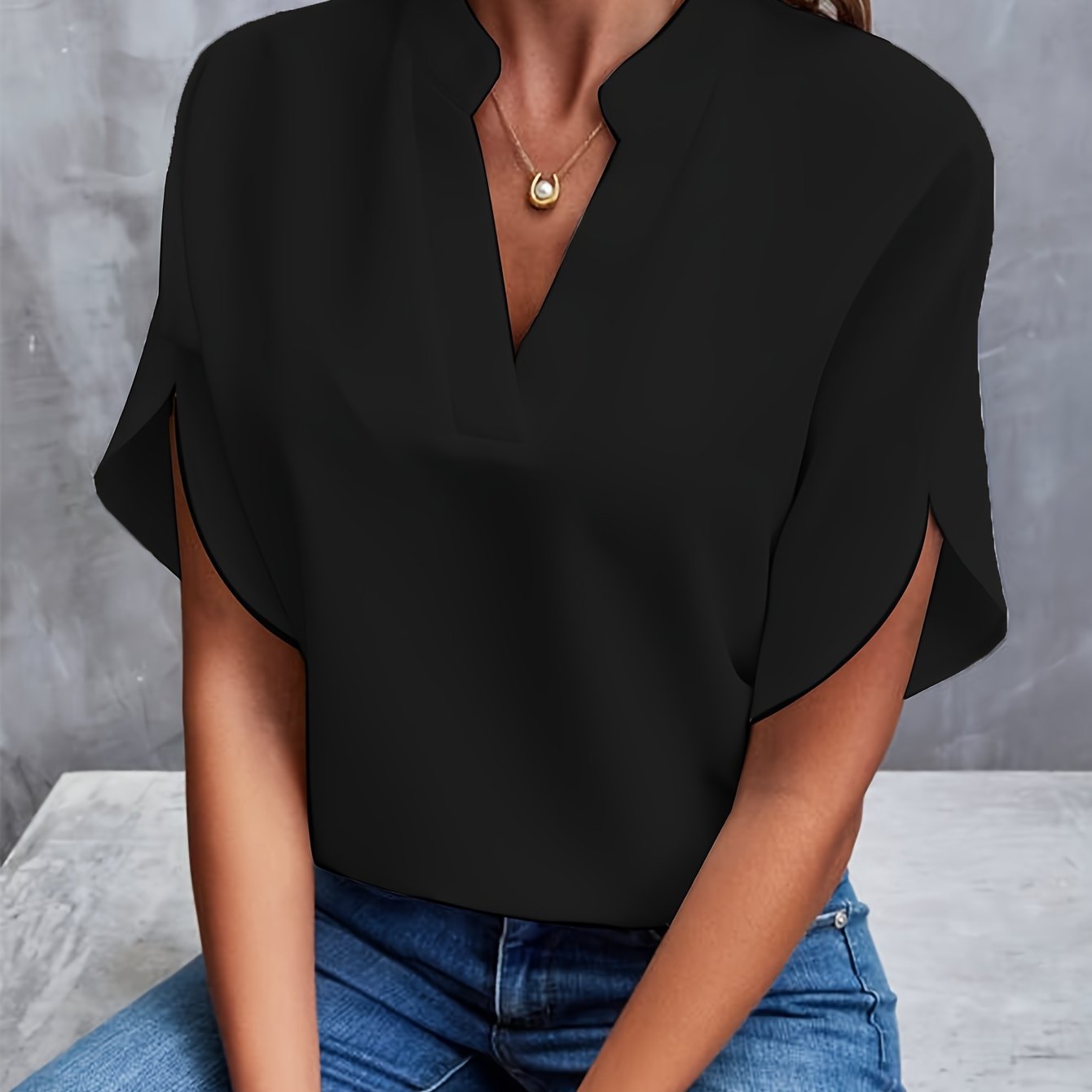 Solid Color Notch Neck Blouse, Casual Short Split Sleeve Blouse For Spring & Summer, Women's Clothing