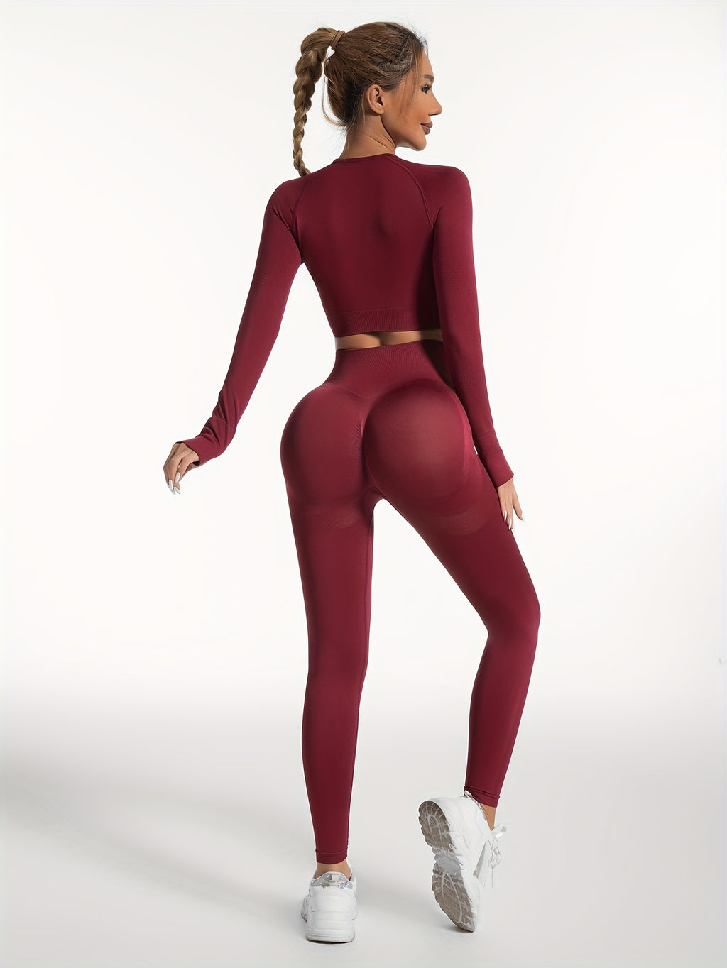 Women's Yoga Sports Suits, Seamless Stretchy Fitness Suits, Long Sleeve Thumb Hole Cropped Top & Slimming Leggings, Women's Activewear
