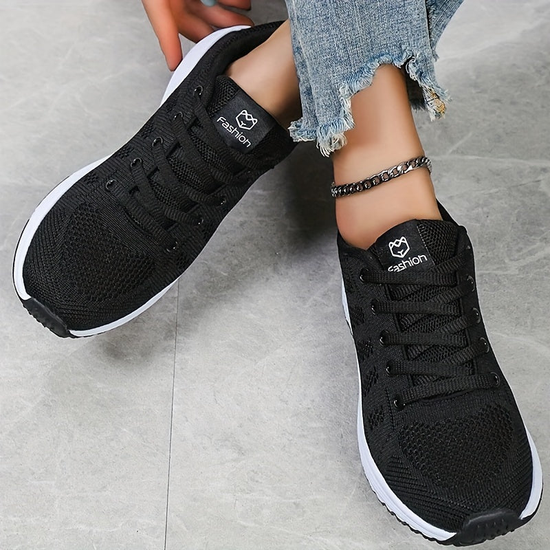 Women's Lightweight Mesh Athletic Sneakers - Breathable, Lace-Up Running Shoes with EVA Sole, Fashionable Black Casual Walking Footwear