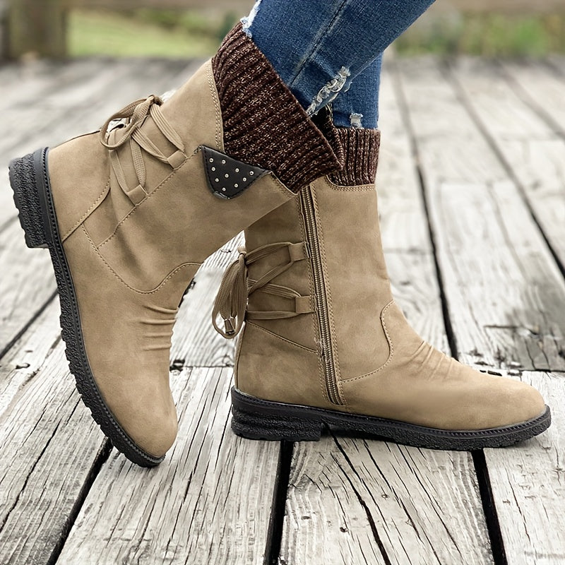 Vintage Classic Elegant 's Mid-Calf Boots. Elastic Collar Design, Lace-Up Adjustable for Plus Size s. Multiple Colors Available: Grey, Black, Khaki, Blue, Purple Womens Shoes.Cute Round Toe Slip On Autumn Ankle Boots, Lovely