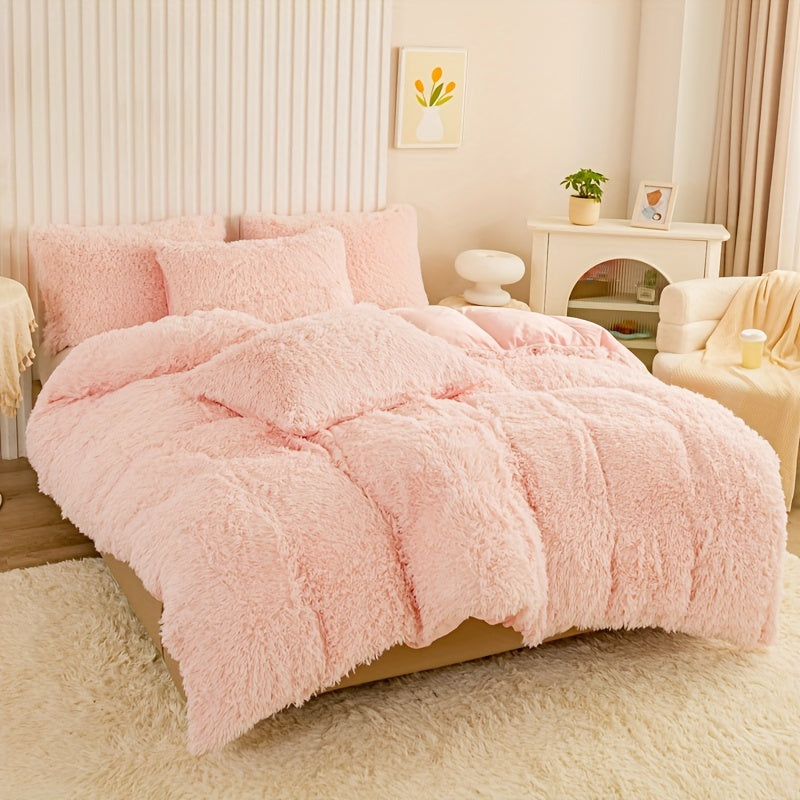 [Plush Duvet Cover Set] 3pcs Multicolor Plush Duvet Cover Set - Soft And Warm Bedding For Bedroom, Guest Room, And Dorm Decor