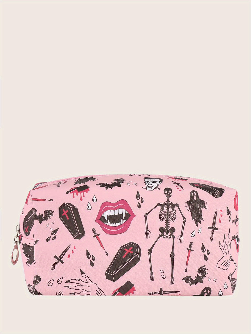 Halloween Skeleton Bat Pattern Makeup Bag Pink Roomy Square Zipper Pouch Travel Toiletries Organizer Gift For  ladies Women Men
